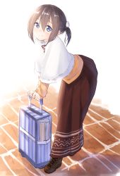 Rule 34 | 1girl, bag, black hair, blue eyes, blush, capelet, commentary request, eyebrows, full body, hair between eyes, hair ornament, highres, kyoo-kyon (kyo-kyon), leaning forward, long skirt, looking at viewer, original, scrunchie, short hair, side ponytail, simple background, skirt, smile, solo, standing, suzunari shizuku, white background, yuki arare