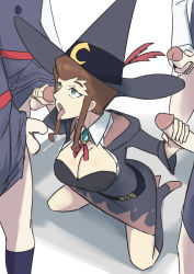 Rule 34 | 5girls, anne finneran, blue eyes, breasts, brown hair, cleavage, diooksan, double handjob, futa with female, futanari, handjob, hat, highres, large breasts, little witch academia, masturbation, multiple futa, multiple girls, oksandio, open mouth, penis, tagme, testicles, tongue, tongue out, uncensored, witch, witch hat