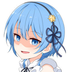 Rule 34 | 1girl, :d, black ribbon, blue eyes, commentary request, felutiahime, flower knot, frills, hair ornament, hair ribbon, highres, hololive, hoshimachi suisei, looking at viewer, medium hair, neck ribbon, open mouth, portrait, ribbon, simple background, smile, solo, star (symbol), star hair ornament, virtual youtuber, white background