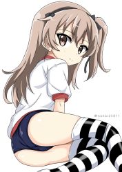 Rule 34 | 10s, 1girl, arm support, ass, black ribbon, blue buruma, brown eyes, buruma, closed mouth, commentary, girls und panzer, gym shirt, gym uniform, hair ribbon, light brown hair, long hair, looking at viewer, looking back, lying, on side, one-hour drawing challenge, ribbon, shibagami, shimada arisu, shirt, short sleeves, side ponytail, simple background, smile, solo, striped clothes, striped thighhighs, thighhighs, twitter username, white background, white shirt