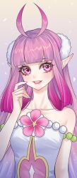 Rule 34 | 1girl, antenna hair, bare arms, bare shoulders, dress, dress flower, flower, gradient background, grin, hand to own mouth, hand up, highres, kumu zaisheng, light persona, long hair, pink eyes, pink flower, pink hair, pink lips, pointy ears, purple background, qili (xiao huaxian), smile, solo, strapless, strapless dress, teeth, upper body, white dress, xiao huaxian