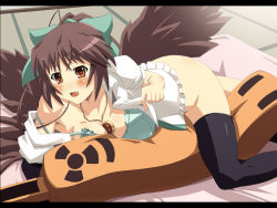 Rule 34 | 1girl, arm cannon, bare shoulders, bed, between breasts, black hair, black thighhighs, black wings, blush, bottomless, bow, bra, breast press, breasts, cleavage, fang, female focus, green bra, hair bow, jewelry, large breasts, lingerie, lying, no panties, on stomach, open clothes, open shirt, pendant, pillow, pink hair, red eyes, reiuji utsuho, shin&#039;ya (nanp), shirt, solo, strap slip, thighhighs, touhou, underwear, weapon, wings