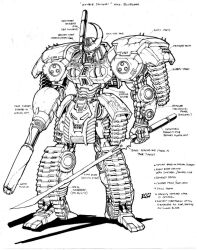 Rule 34 | 1boy, armor, armored vehicle, bludgeon (transformers), commentary, concept art, decepticon, don allan figueroa, entrails, greyscale, holding, holding weapon, japanese armor, katana, mecha, military, military vehicle, monochrome, motor vehicle, no humans, official art, organs, redesign, robot, samurai, science fiction, skull, sword, tank, tank turret, the transformers (idw), transformers, transformers (marvel), weapon