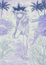 Rule 34 | 1boy, black hair, bracelet, commentary request, dyed bangs, fushitasu, hair between eyes, jewelry, leg up, male focus, muto yugi, outdoors, rock, solo, spiked hair, standing, standing on one leg, tree, wet, wet hair, yu-gi-oh!, yu-gi-oh! duel monsters