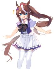Rule 34 | 1girl, :d, animal ears, black bow, blue eyes, blush, bow, brown hair, cropped legs, hair between eyes, hair ribbon, high ponytail, highres, horse ears, horse girl, horse tail, long hair, looking at viewer, moti yousei, multicolored hair, notice lines, open mouth, pleated skirt, ponytail, puffy short sleeves, puffy sleeves, purple shirt, red ribbon, ribbon, school uniform, shirt, short sleeves, simple background, skirt, smile, solo, streaked hair, tail, thighhighs, tokai teio (umamusume), umamusume, very long hair, white background, white hair, white skirt, white thighhighs