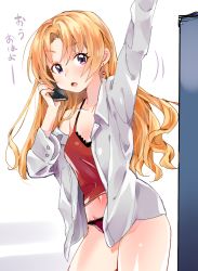 Rule 34 | 1girl, arm up, blonde hair, breasts, camisole, cellphone, collarbone, cowboy shot, dressing, earrings, groin, hair intakes, hand up, holding, holding phone, idolmaster, idolmaster cinderella girls, jewelry, kakitsubata zero, kiryu tsukasa (idolmaster), long hair, long sleeves, medium breasts, motion lines, navel, open clothes, open mouth, open shirt, panties, phone, purple eyes, red camisole, red panties, shirt, smartphone, solo, thighs, underwear, white shirt