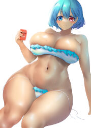 Rule 34 | 1girl, absurdres, bikini, blue eyes, blue hair, blush, breasts, cleavage, closed mouth, commentary request, frilled bikini, frills, heterochromia, highres, huge breasts, looking at viewer, lotion, navel, poke200, red eyes, short hair, simple background, sitting, solo, sunscreen, swimsuit, tatara kogasa, thighs, touhou, undone bikini, variant set, wet, white background, white bikini