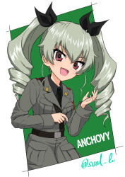 Rule 34 | 1girl, absurdres, anchovy (girls und panzer), anzio military uniform, belt, black belt, black necktie, black ribbon, black shirt, character name, commentary, drill hair, girls und panzer, green hair, grey jacket, hair ribbon, highres, holding riding crop, jacket, long sleeves, looking at viewer, military uniform, necktie, open mouth, outside border, red eyes, ribbon, riding crop, sam browne belt, shirt, smile, solo, standing, svalbaru, twin drills, twintails, twitter username, uniform, upper body, wing collar