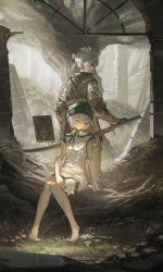 Rule 34 | 1boy, 1girl, absurdres, barefoot, brother and sister, closed mouth, commentary, doren, dress, english commentary, closed eyes, feet, flower, grimoire weiss, highres, nier, nier (series), nier (young), short hair, siblings, smile, sword, weapon, white dress, white hair, yonah