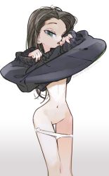 Rule 34 | 1girl, amiami, black hair, clothes lift, dated, female focus, grey eyes, highres, long hair, navel, open mouth, original, panties, panty pull, photo-referenced, sleeves past wrists, solo, sweater, sweater lift, twitter username, underwear, white panties