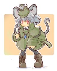 Rule 34 | 1girl, :&lt;, animal, animal ears, animal on head, black necktie, black pantyhose, boots, brown footwear, capelet, closed mouth, coat, collared shirt, commentary request, cross-laced footwear, deerstalker, detective, green capelet, green coat, green hat, grey hair, hat, holding, holding magnifying glass, lace-up boots, long sleeves, magnifying glass, medium hair, mouse (animal), mouse ears, mouse girl, mouse tail, nazrin, necktie, on head, one-hour drawing challenge, pantyhose, red eyes, shirt, solo, tail, touhou, white shirt, yamasina009
