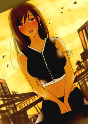 Rule 34 | 00s, 1990s (style), 1girl, brown hair, earrings, female focus, final fantasy, final fantasy vii, final fantasy vii advent children, jewelry, long hair, marugao, midriff, open mouth, outdoors, red eyes, skirt, sky, solo, tank top, tifa lockhart