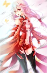Rule 34 | 10s, 1girl, absurdres, bare shoulders, black thighhighs, breasts, center opening, cleavage, detached sleeves, elbow gloves, gloves, guilty crown, hair ornament, hairclip, highres, long hair, looking at viewer, navel, open mouth, pink hair, red eyes, solo, thighhighs, twintails, yuzuriha inori, yzl, yzl (pixiv8827325)