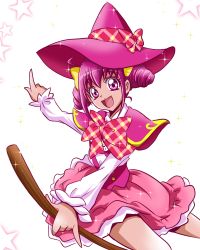 Rule 34 | 1girl, :d, absurdres, arudebido, bow, broom, cosplay, cowboy shot, hair bow, hat, hat bow, highres, hoshizora miyuki, looking at viewer, mahou girls precure!, open mouth, pink eyes, pink hair, pink hat, pink skirt, pink theme, plaid, plaid bow, precure, shawl, short hair, short twintails, skirt, smile, smile precure!, solo, star (symbol), twintails, white background, witch hat, yellow bow
