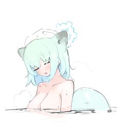 Rule 34 | 1girl, animal ears, blue archive, blue halo, blush, breasts, closed eyes, completely nude, green hair, halo, large breasts, mikozin, nude, onsen, open mouth, partially submerged, shigure (blue archive), short hair, simple background, solo, steam, tail, towel, towel on head, water, white background