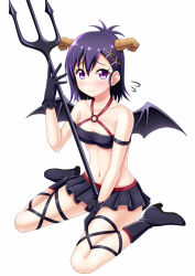Rule 34 | 10s, 1girl, 7nanappe, bat wings, black eyes, black hair, demon girl, demon horns, demon tail, demon wings, gabriel dropout, hair ornament, hairpin, highres, holding, horns, looking at viewer, navel, pleated skirt, polearm, simple background, skirt, solo, tail, trident, vignette tsukinose april, weapon, white background, wings