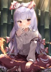 Rule 34 | 1girl, bamboo, blunt bangs, blush, bow, breasts, closed mouth, collared shirt, covering own mouth, fingernails, fujiwara no mokou, goma (u p), hair bow, hair ribbon, hand over own mouth, hand up, indian style, light frown, light rays, long hair, long sleeves, looking at viewer, ofuda, ofuda on clothes, pants, red eyes, red pants, ribbon, shirt, silver hair, sitting, small breasts, solo, squiggle, touhou, tress ribbon, v-shaped eyebrows, very long hair, white bow, white shirt, wing collar