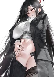 Rule 34 | 1girl, absurdres, black hair, black jacket, blazer, blue archive, blush, breasts, breath, clothes pull, commentary request, groin, halo, hand on own stomach, highres, huge breasts, jacket, long hair, long sleeves, looking down, navel, open clothes, open jacket, open skirt, pleated skirt, poharo, red eyes, rio (blue archive), shirt, simple background, skirt, skirt pull, solo, straight hair, very long hair, white background, white shirt