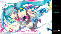 Rule 34 | 10s, 1girl, 2014, :d, aqua hair, artist name, boots, calendar, hatsune miku, headset, highres, long hair, march, necktie, open mouth, purple eyes, rei (rei&#039;s room), skirt, smile, solo, tell your world (vocaloid), thigh boots, thighhighs, twintails, very long hair, vocaloid, wallpaper, watermark, web address