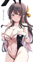 Rule 34 | 1girl, :o, alternate costume, animal ears, bare shoulders, black hair, black leotard, blush, breasts, calin, collarbone, covered navel, cowboy shot, fake animal ears, hair between eyes, hair ribbon, highres, kantai collection, large breasts, leotard, long hair, looking at viewer, multicolored hair, naganami (kancolle), pink hair, playboy bunny, rabbit ears, ribbon, see-through, see-through leotard, smile, solo, strapless, strapless leotard, two-tone hair, wavy hair, wrist cuffs, yellow eyes