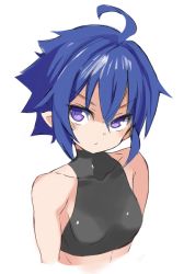 Rule 34 | 1girl, ahoge, bare shoulders, black shirt, blue hair, blush, breasts, character request, closed mouth, collarbone, covered collarbone, cropped torso, hair between eyes, karukan (monjya), looking at viewer, purple eyes, shinrabanshou, shirt, simple background, skin tight, sleeveless, sleeveless shirt, small breasts, solo, upper body, v-shaped eyebrows, white background