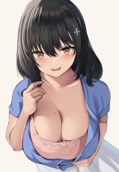 Rule 34 | 1girl, absurdres, black hair, blue jacket, blush, breasts, brown eyes, cleavage, collarbone, dress, from above, hair between eyes, hair ornament, hairclip, hand up, highres, jacket, large breasts, looking at viewer, looking up, mole, mole on breast, neneneji, open mouth, original, pink shirt, shirt, short sleeves, simple background, smile, solo, white background, white dress