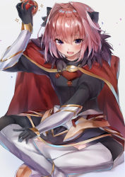 Rule 34 | 1boy, apple, armor, armored dress, astolfo (fate), black bow, black dress, black thighhighs, blush, bow, braid, cloak, dress, eyebrows, fang, fate/apocrypha, fate/grand order, fate (series), food, fruit, full body, fur-trimmed cloak, fur trim, gauntlets, gorget, hair bow, hair intakes, happy, highres, holding, holding food, holding fruit, long braid, long hair, long sleeves, male focus, mochi nabe, multicolored hair, open mouth, pink hair, puffy sleeves, purple eyes, red cloak, simple background, single braid, sitting, smile, solo, streaked hair, thighhighs, trap, white background