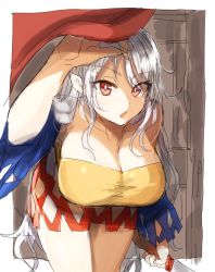 Rule 34 | 1girl, arm at side, bad id, bad pixiv id, bare shoulders, breasts, bright pupils, cleavage, collarbone, cowboy shot, detached sleeves, dress, eyes visible through hair, hand up, holding, large breasts, leaning forward, long hair, looking at viewer, multicolored clothes, multicolored dress, open mouth, parted bangs, pointy ears, red eyes, sakata nemuno, short dress, silver hair, sketch, solo, strapless, strapless dress, suminagashi, touhou, tsurime, walking, white pupils