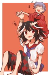 Rule 34 | 2girls, arm up, arrow (symbol), bad id, bad twitter id, barefoot, belt, black hair, blush, border, bow, bracelet, brown belt, closed eyes, collar, collared dress, cone horns, donki (yeah), dress, grey horns, hair between eyes, hand up, horns, japanese clothes, jewelry, kijin seija, kimono, long sleeves, multicolored hair, multiple girls, musical note, necktie, no headwear, open mouth, puffy short sleeves, puffy sleeves, purple belt, purple bow, purple hair, purple neckwear, red background, red dress, red eyes, red hair, red kimono, short hair, short sleeves, simple background, sitting, smile, standing, sukuna shinmyoumaru, tongue, touhou, white border, white dress, white hair, wide sleeves