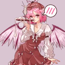 Rule 34 | 1girl, animal ears, bird ears, bird wings, blush, breasts, brown background, brown dress, brown hat, closed mouth, cowboy shot, dress, eaglov, earrings, fingernails, frilled sleeves, frills, hat, highres, holding, holding tray, jewelry, long fingernails, long sleeves, looking at viewer, medium breasts, mystia lorelei, nail polish, pink eyes, pink hair, pink nails, pixel art, sharp fingernails, shirt, short hair, simple background, single earring, sleeve garter, smile, solo, spoken blush, suggestive fluid, touhou, tray, white shirt, white wings, winged hat, wings