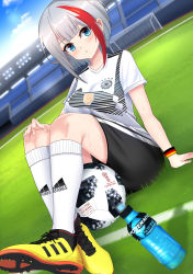 Rule 34 | 1girl, 2018, 2018 fifa world cup, adidas, admiral graf spee (azur lane), arm support, armband, azur lane, ball, black shorts, blue eyes, blue sky, blush, bottle, breasts, closed mouth, cloud, commentary request, day, dutch angle, fingernails, german flag, goal, grass, hand on own knee, highres, kneehighs, large breasts, lenxiao, looking at viewer, mosaic pattern, multicolored hair, on grass, outdoors, print shirt, red hair, shirt, shoes, short hair, short shorts, short sleeves, shorts, silver hair, sitting, sky, sneakers, soccer, soccer ball, soccer field, soccer uniform, socks, solo, sportswear, stadium, streaked hair, sweat, sweatband, telstar 18, thighs, water bottle, white shirt, white socks, world cup, yellow footwear