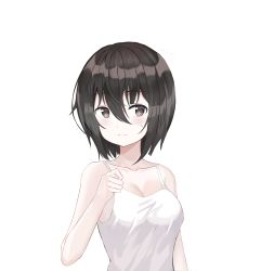Rule 34 | 1girl, absurdres, bare arms, bare shoulders, black eyes, black hair, breasts, camisole, cleavage, closed mouth, collarbone, hair between eyes, highres, looking at viewer, medium breasts, muyang, original, pale skin, shirt, short hair, simple background, sleeveless, sleeveless shirt, solo, spaghetti strap, sweatdrop, upper body, white background, white shirt