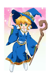 Rule 34 | 1990s (style), 1girl, adjusting clothes, adjusting headwear, bad id, bad pixiv id, blonde hair, bow, dress, fantasy, green eyes, hair ribbon, hat, mahou shoujo meruru, meruru (mahou shoujo meruru), meruru sheckle, ribbon, shoes, short hair, smile, solo, wand, witch, witch hat, zipang (zip@ng works)