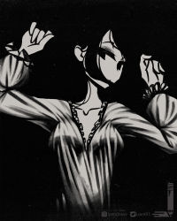 Rule 34 | 1girl, black background, blouse, commentary, english commentary, greyscale, hair over mouth, hands up, highres, instagram username, loen, long sleeves, looking at viewer, monochrome, original, plunging neckline, shirt, solo, twitter username, upper body
