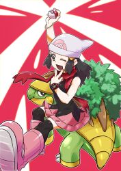 Rule 34 | 1girl, ;d, arm up, beanie, black hair, blush, boots, bracelet, commentary request, creatures (company), dawn (pokemon), eyelashes, floating scarf, game freak, gen 4 pokemon, grey eyes, grotle, hair ornament, hairclip, happy, hat, highres, holding, holding poke ball, jewelry, knees, long hair, nintendo, one eye closed, open mouth, outline, over-kneehighs, pink footwear, pink skirt, pkpokopoko3, poke ball, pokemon, pokemon (creature), pokemon dppt, red scarf, scarf, skirt, smile, thighhighs, tongue, white headwear