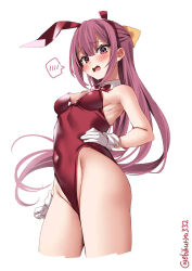 Rule 34 | 1girl, alternate costume, animal ears, bare legs, blush, bow, bowtie, breasts, commentary, covered navel, cropped legs, detached collar, ebifurya, fake animal ears, gloves, hand on own hip, highleg, highleg leotard, highres, kamikaze (kancolle), kantai collection, leotard, long hair, looking at viewer, open mouth, playboy bunny, purple eyes, purple hair, rabbit ears, red bow, red bowtie, red leotard, simple background, small breasts, smile, solo, sparkle, spoken blush, strapless, strapless leotard, twitter username, white background, white gloves, wrist cuffs, yellow bow