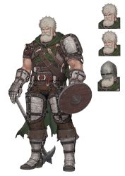 Rule 34 | 1boy, angry, armor, armored boots, beard, belt, blonde hair, boots, buckler, cape, character sheet, closed eyes, commentary request, facial hair, full body, gauntlets, gloves, hand on hilt, helmet, highres, jewelry, jun (navigavi), looking at viewer, male focus, manly, multiple views, muscular, necklace, original, raised eyebrow, shield, short sleeves, shoulder armor, torn cape, torn clothes, war hammer, weapon, white background