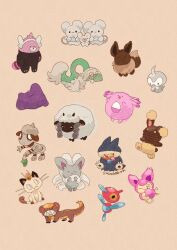 Rule 34 | animal focus, artist name, bewear, brown fur, buneary, castform, cat, chansey, cinccino, closed eyes, commentary request, creatures (company), ditto, drampa, eating, eevee, egg, game freak, gen 1 pokemon, gen 2 pokemon, gen 3 pokemon, gen 4 pokemon, gen 5 pokemon, gen 7 pokemon, gen 8 pokemon, highres, horizontal pupils, maushold, maushold (family of three), meowth, mouse, munchlax, nintendo, no humans, pokemon, pokemon (creature), porygon-z, rabbit, sheep, simple background, sitting, skitty, smeargle, stuffed animal, stuffed toy, teddy bear, white background, wooloo, yungoos, zozozoshion