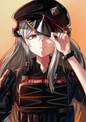 Rule 34 | 1girl, absurdres, adjusting clothes, adjusting headwear, arknights, black hat, black shirt, body armor, bracelet, covering one eye, dragon horns, flat cap, grey hair, hair between eyes, hand up, hat, highres, horns, jewelry, langou62797, lips, looking at viewer, official alternate costume, one eye covered, orange eyes, parted lips, saria (arknights), saria (the law) (arknights), shirt, solo, upper body, yellow background