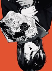 Rule 34 | 1girl, bouquet, enpera, flower, greyscale with colored background, highres, holding, holding bouquet, jewelry, kagerou project, long sleeves, looking to the side, necklace, parted lips, red background, sailor collar, scarf, solo, tateyama ayano, upside-down, yano (koto)
