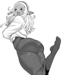 Rule 34 | &gt; &lt;, 1girl, ass, commentary request, crossed arms, dark-skinned female, dark skin, elf-san wa yaserarenai., fang, from behind, greyscale, highres, huge ass, kuroeda-san, leg lift, leg up, long hair, mole, mole under eye, monochrome, pantyhose, pointy ears, simple background, skirt, solo, synecdoche, thick thighs, thighhighs, thighs, wide hips