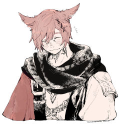 Rule 34 | 1boy, :3, animal ears, black scarf, blush, cat ears, closed eyes, commentary, cropped torso, dated, facial mark, facing viewer, final fantasy, final fantasy xiv, flying sweatdrops, g&#039;raha tia, hair between eyes, hair ornament, hatching (texture), itowo (itowc), jewelry, male focus, miqo&#039;te, neck tattoo, pendant, red hair, scarf, short hair, shoulder belt, signature, simple background, smile, solo, swept bangs, tattoo, upper body, white background, x hair ornament