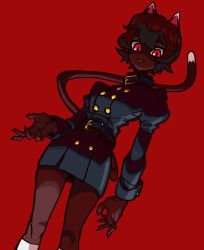 Rule 34 | 1girl, animal ears, belt, black fur, black hair, bone nig, borrowed character, breasts, cat ears, cat girl, cat tail, claws, flat color, frown, furry, high collar, highres, looking at viewer, original, red background, red eyes, slit pupils, solo, tail