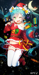 Rule 34 | 1girl, aqua hair, belt, boots, christmas, crescent moon, fur-trimmed boots, fur trim, gift, green eyes, hat, hatsune miku, knee boots, long hair, moon, night, one eye closed, open mouth, qys3, red footwear, sack, santa costume, santa hat, skirt, solo, star-shaped pupils, star (symbol), symbol-shaped pupils, thighhighs, twintails, very long hair, vocaloid