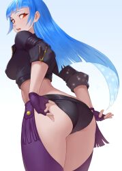Rule 34 | 1girl, adjusting clothes, angel (kof), artist request, ass, bent over, blue hair, breasts, butt crack, cheshirrr, cosplay, fingerless gloves, from behind, gloves, highres, kula diamond, legs, long hair, looking at viewer, looking back, medium breasts, open mouth, red eyes, sideboob, snk, the king of fighters, thick thighs, thighs