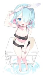 Rule 34 | 1girl, aqua hair, arona (blue archive), barefoot, bikini, black bikini, blue archive, blue eyes, blush, braid, breasts, cleavage, desk, frilled bikini, frills, from above, hair over one eye, highres, korean commentary, looking at viewer, medium breasts, meunhongcha, official alternate costume, open mouth, pink hair, ripples, school desk, short hair, side braid, simple background, sitting, sketch, solo, swimsuit, water, white background