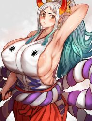 Rule 34 | 1girl, areola slip, armpits, blush, breasts, earrings, frown, highres, huge breasts, jewelry, large areolae, one piece, oni, orange eyes, ponytail, sideboob, sleeveless, solo, sweat, toshi (8868750), white hair, yamato (one piece)