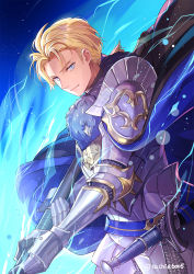 Rule 34 | 1boy, alternate hairstyle, armor, blonde hair, blue cape, blue eyes, cape, chachie, chainmail, cowboy shot, dimitri alexandre blaiddyd, elbow pads, fire emblem, fire emblem: three houses, fire emblem warriors: three hopes, fur collar, gauntlets, highres, holding, holding weapon, looking at viewer, low ponytail, male focus, medium hair, metal gloves, nintendo, official alternate costume, parted bangs, pauldrons, plate armor, short ponytail, shoulder armor, sky, solo, star (sky), starry sky, twitter username, weapon