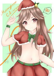 Rule 34 | 1girl, arashio (kancolle), arm up, bell, belt, bow, brown eyes, brown hair, capelet, closed mouth, commentary request, dakkusu, fur-trimmed capelet, fur-trimmed headwear, fur trim, green belt, green bow, hat, head tilt, heart, kantai collection, long hair, merry christmas, midriff, navel, pleated skirt, red capelet, red hat, red skirt, santa costume, santa hat, skirt, smile, solo, spoken heart, very long hair, wrist cuffs