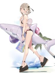 Rule 34 | 1girl, ama mitsuki, bag, beach, bikini, black bikini, blonde hair, blue eyes, blush, bracelet, closed mouth, cloud, day, flat chest, flower, from side, hair flower, hair ornament, hair ribbon, heel up, high heels, highres, holding, inflatable shark, inflatable toy, jewelry, long hair, looking at viewer, looking to the side, ocean, original, outdoors, palm tree, ribbon, sand, sandals, shark, sky, solo, standing, swimsuit, tree, twintails, water, wedge heels